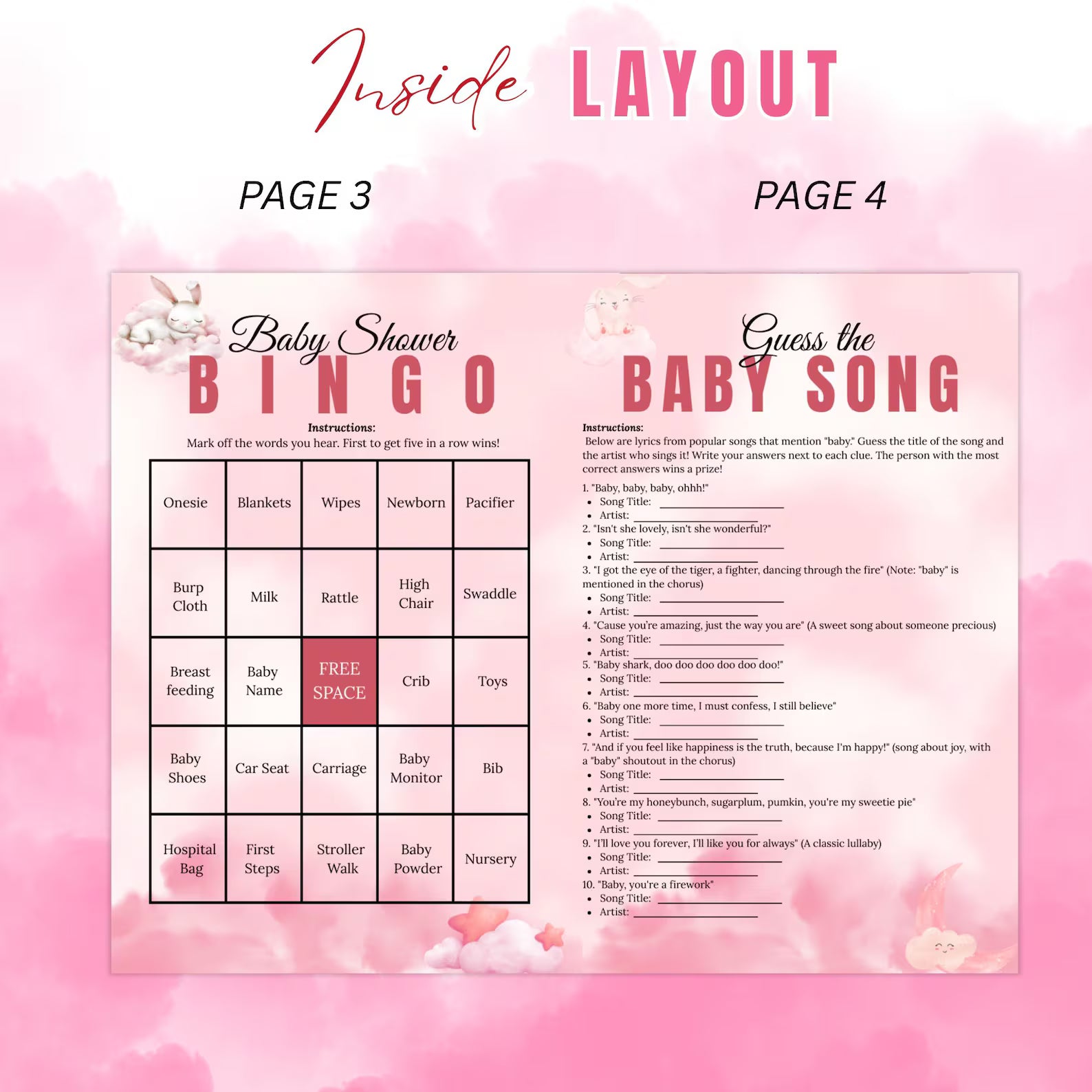 Cloud 9 Baby Shower Activity Booklet, Pink Cloud Nine Games Bundle, Girl Booklet with photo, Oh Baby Games Printable Party Decor Template