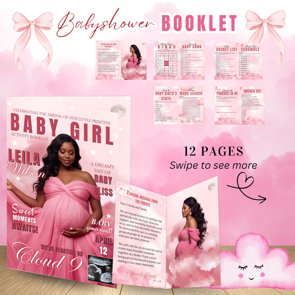 Cloud 9 Baby Shower Activity Booklet, Pink Cloud Nine Games Bundle, Girl Booklet with photo, Oh Baby Games Printable Party Decor Template