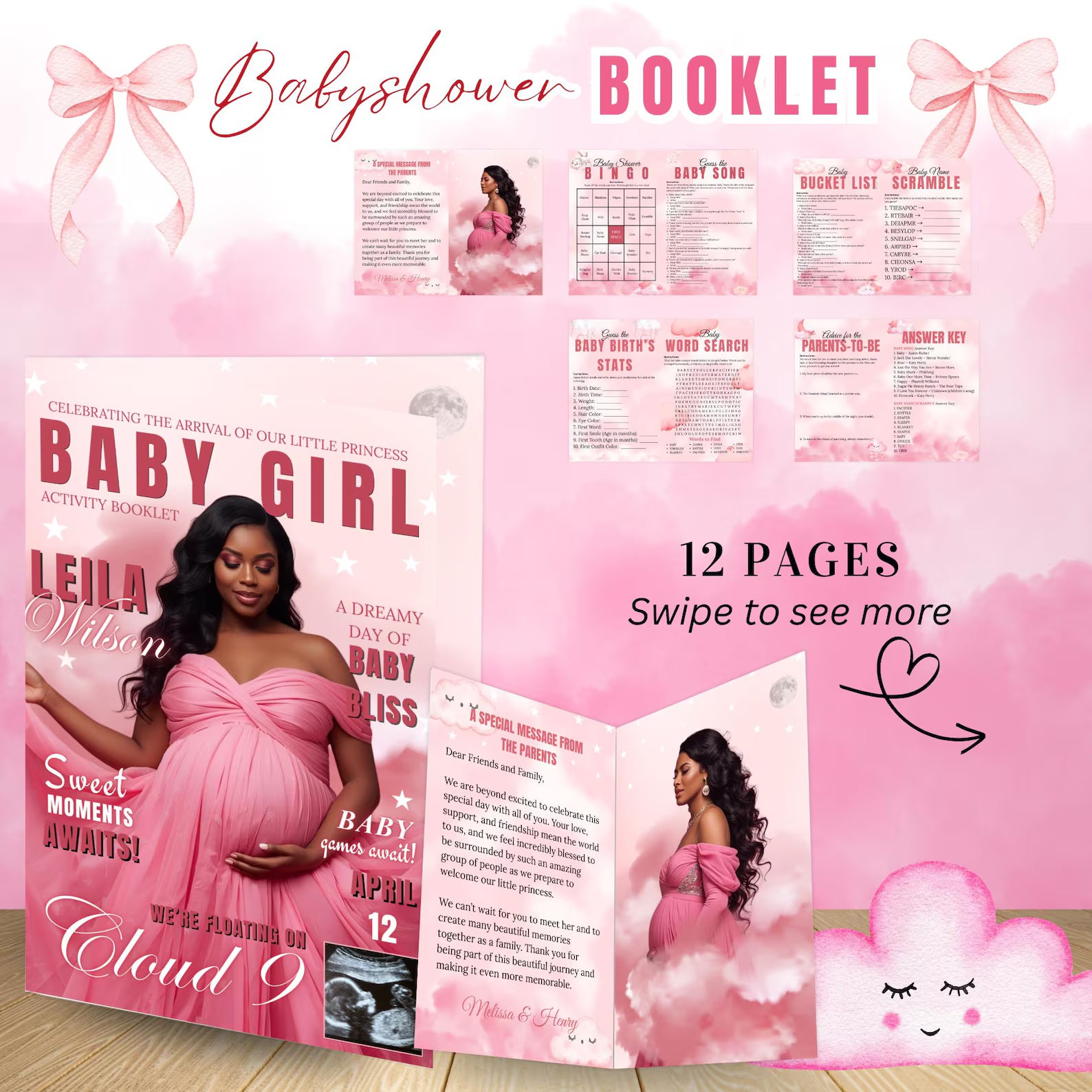 Cloud 9 Baby Shower Activity Booklet, Pink Cloud Nine Games Bundle, Girl Booklet with photo, Oh Baby Games Printable Party Decor Template