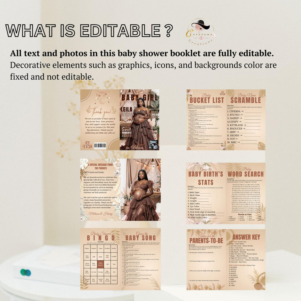 Boho Baby Shower Activity Booklet, Brown Bohemian Games Bundle Spring Pampas Grass Theme with photo, Girl Boy Printable Party Decor Template