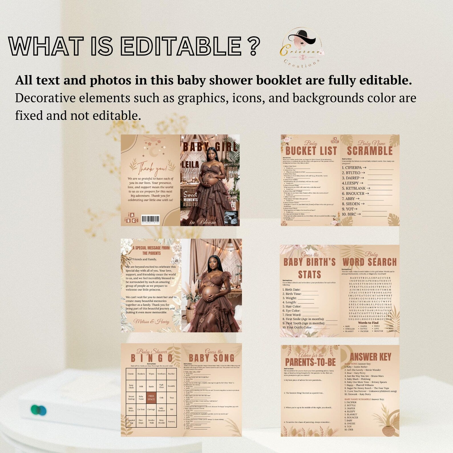 Boho Baby Shower Activity Booklet, Brown Bohemian Games Bundle Spring Pampas Grass Theme with photo, Girl Boy Printable Party Decor Template
