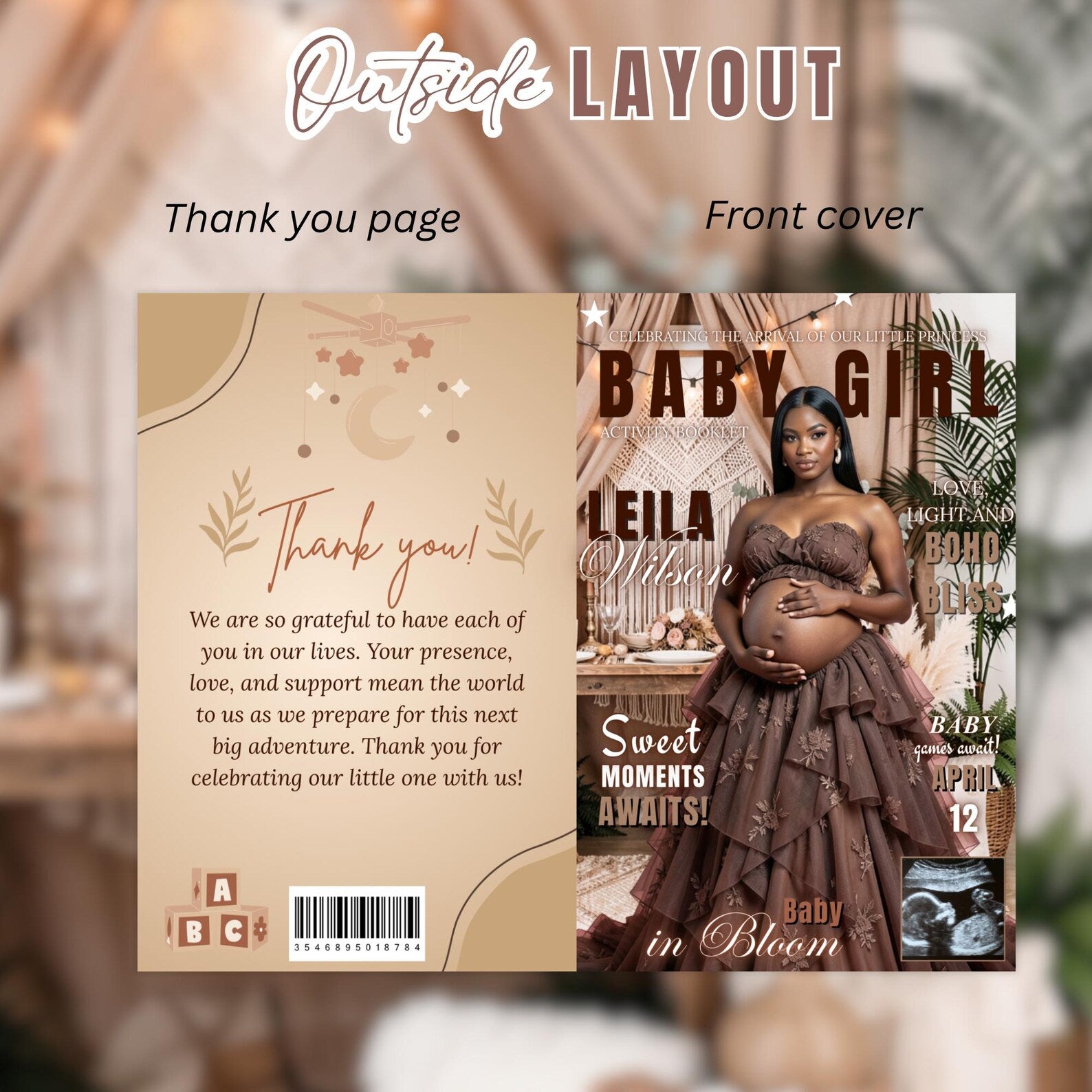 Boho Baby Shower Activity Booklet, Brown Bohemian Games Bundle Spring Pampas Grass Theme with photo, Girl Boy Printable Party Decor Template