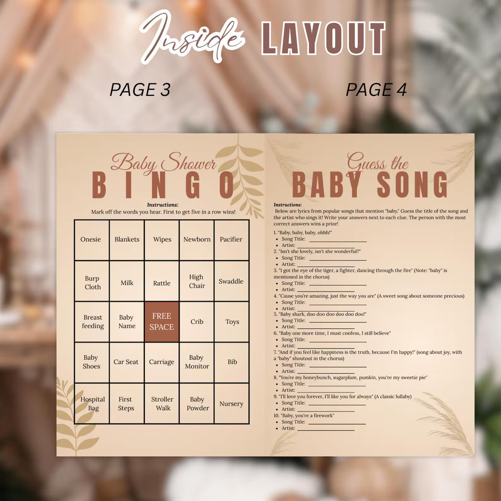 Boho Baby Shower Activity Booklet, Brown Bohemian Games Bundle Spring Pampas Grass Theme with photo, Girl Boy Printable Party Decor Template