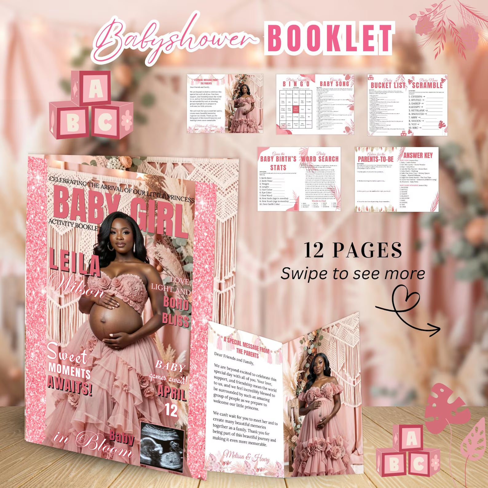 Pink Boho Baby Shower Activity Booklet, Bohemian Games Bundle, Spring Pampas Grass Theme with photo, Girl Printable Party Decor Template