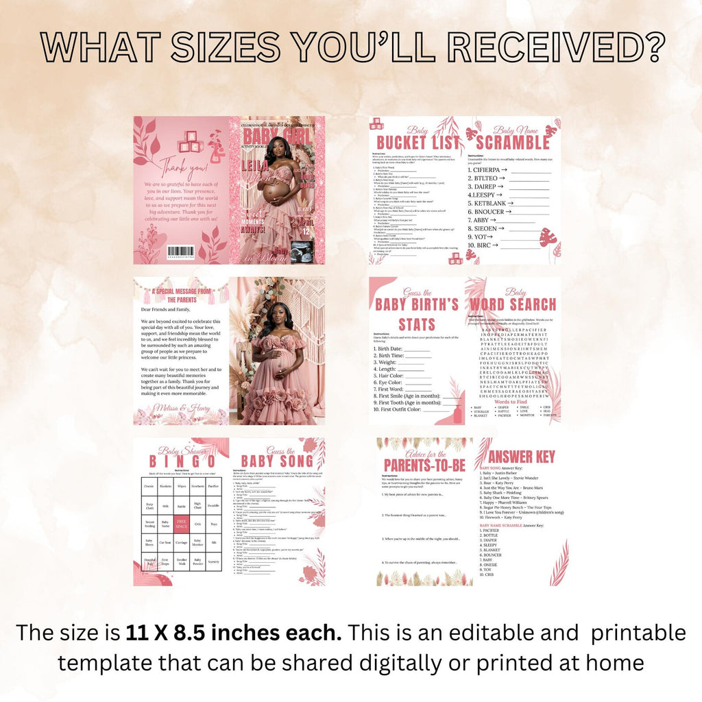 Pink Boho Baby Shower Activity Booklet, Bohemian Games Bundle, Spring Pampas Grass Theme with photo, Girl Printable Party Decor Template