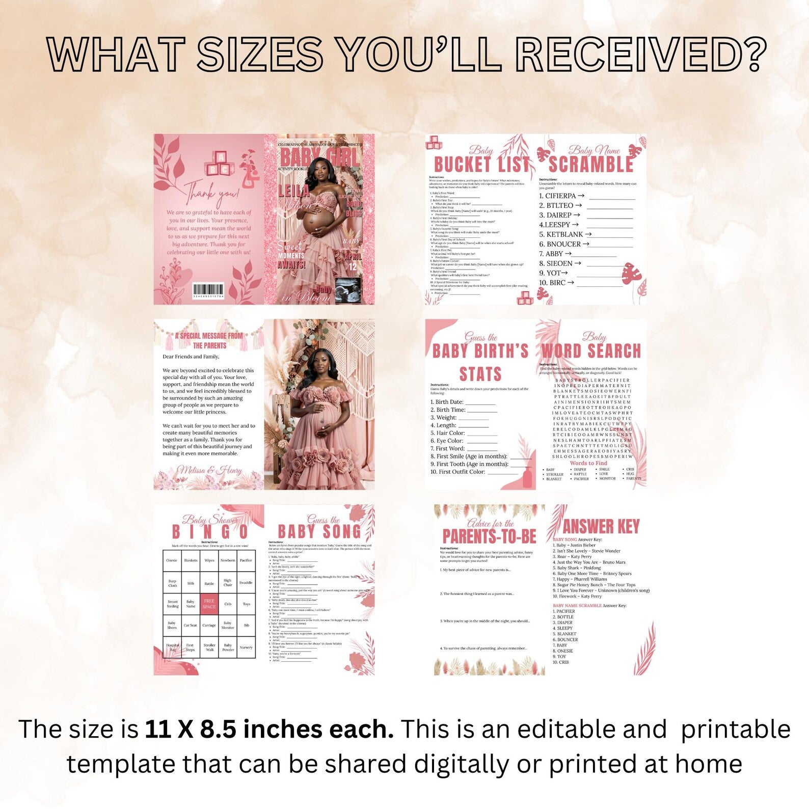 Pink Boho Baby Shower Activity Booklet, Bohemian Games Bundle, Spring Pampas Grass Theme with photo, Girl Printable Party Decor Template