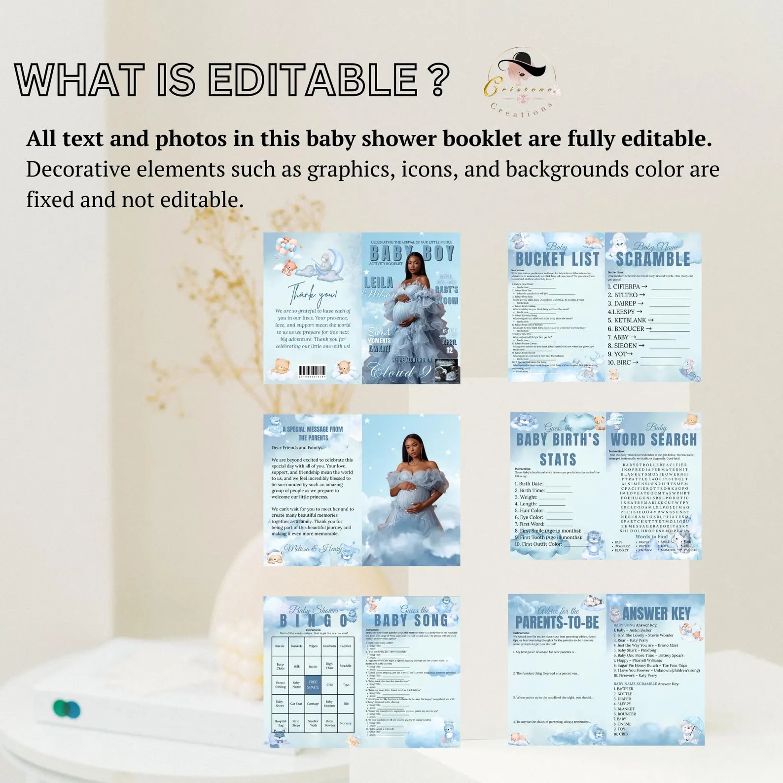 Cloud 9 Baby Shower Activity Booklet, Blue Cloud Nine Games Bundle, Boy Booklet with photo, Oh Baby Games Printable Party Decor Template