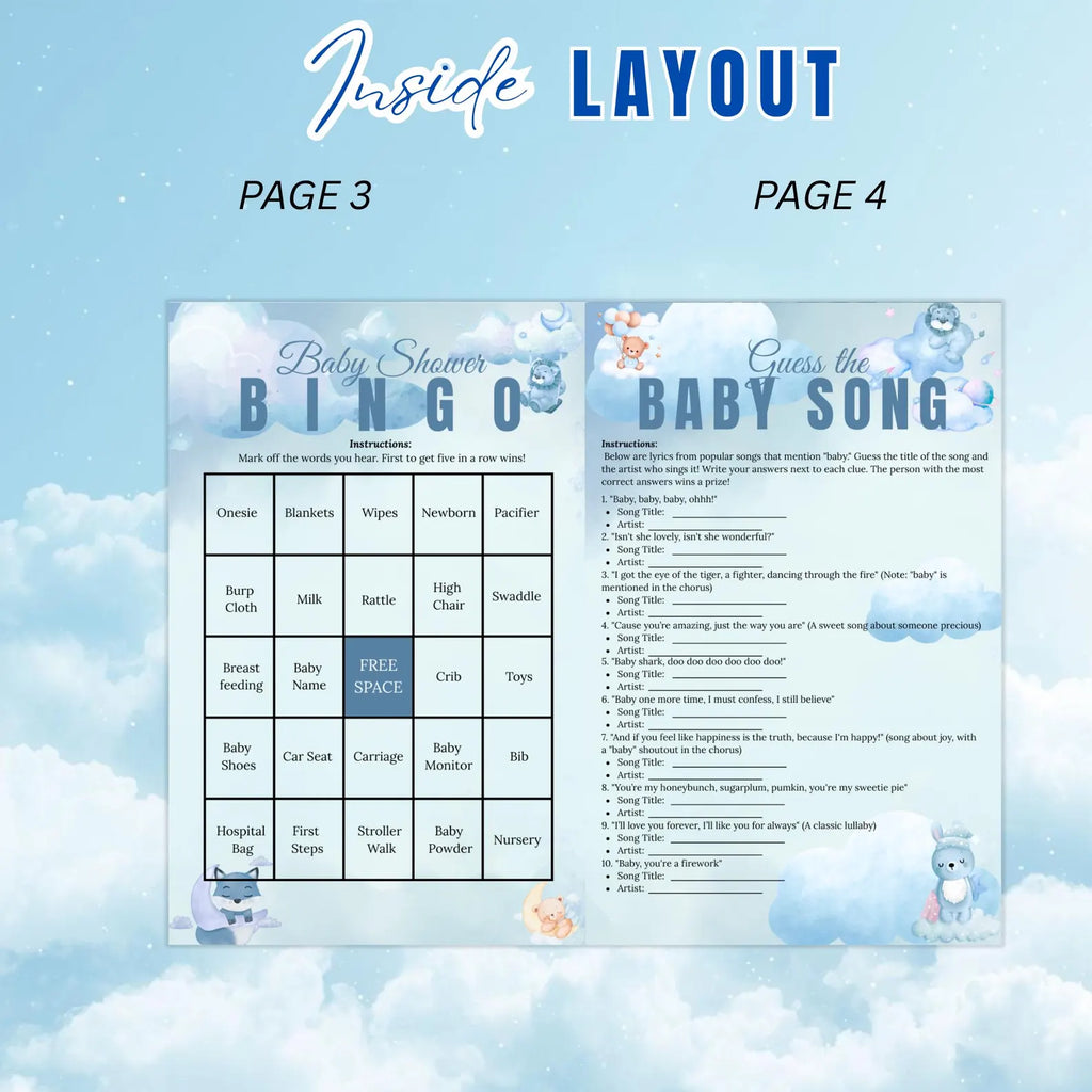 Cloud 9 Baby Shower Activity Booklet, Blue Cloud Nine Games Bundle, Boy Booklet with photo, Oh Baby Games Printable Party Decor Template