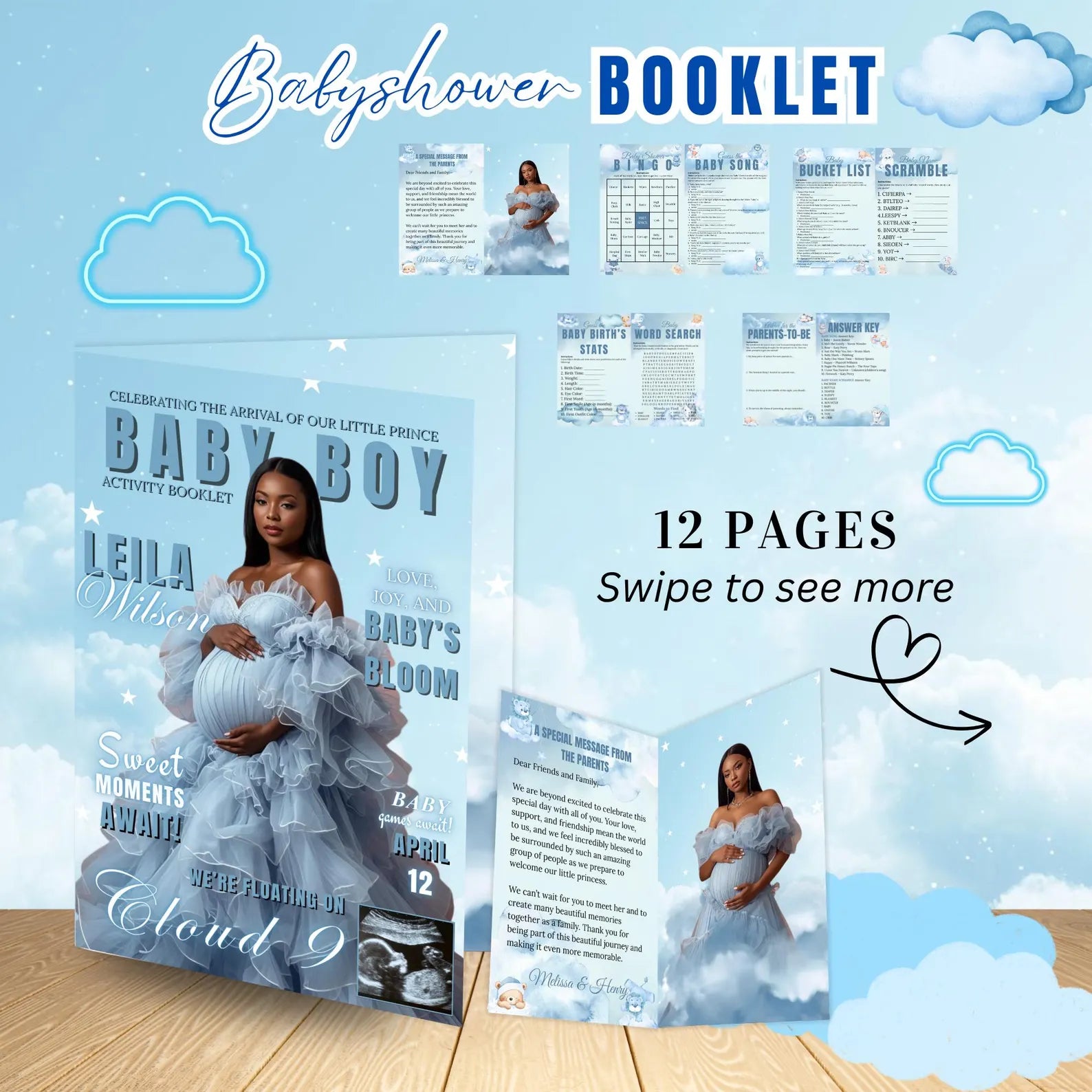Cloud 9 Baby Shower Activity Booklet, Blue Cloud Nine Games Bundle, Boy Booklet with photo, Oh Baby Games Printable Party Decor Template