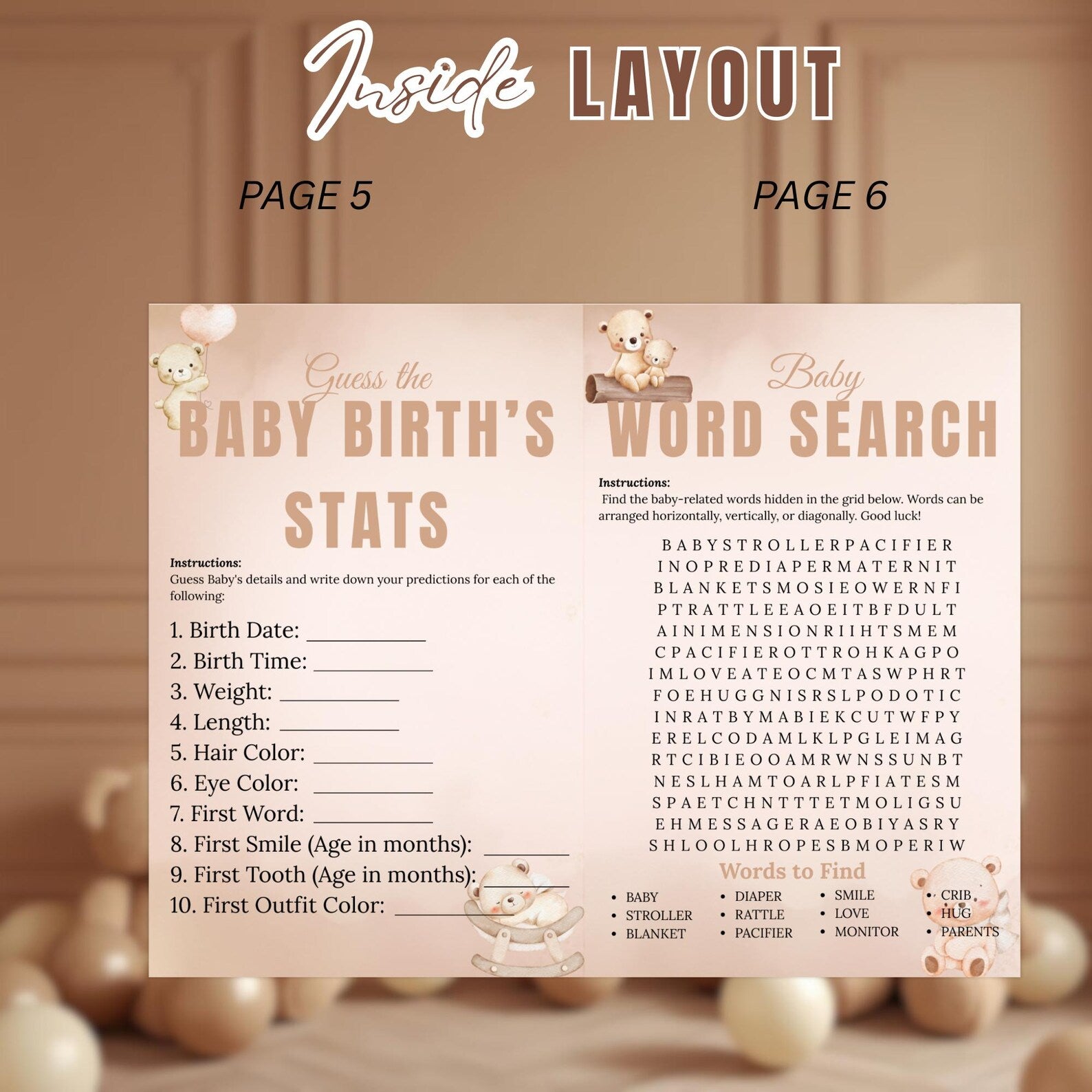 Brown Bear Baby Shower Activity Booklet, Oh Baby Games Bundle, Girl Boy Booklet, Magazine Style with photo, Printable Party Decor Template