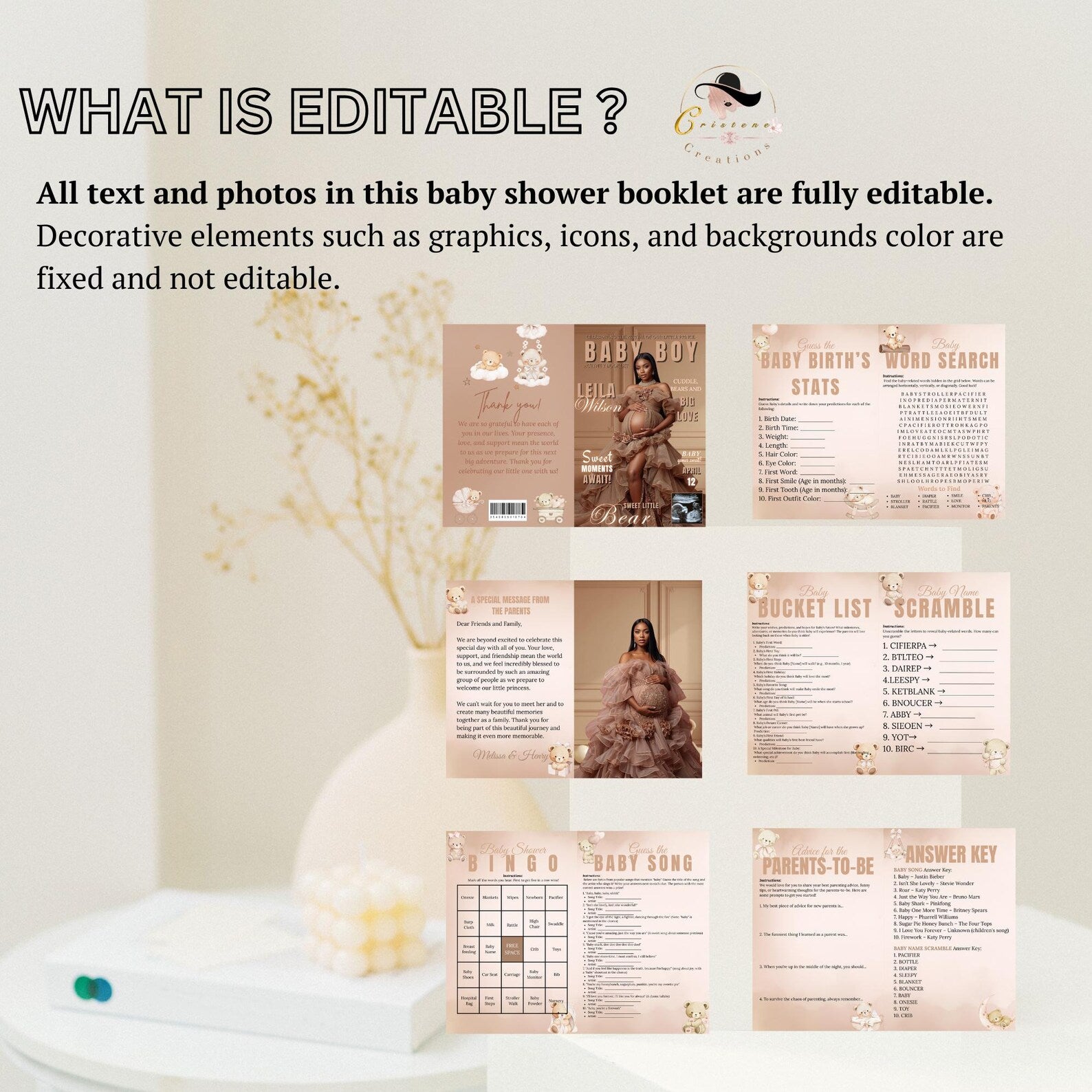 Brown Bear Baby Shower Activity Booklet, Oh Baby Games Bundle, Girl Boy Booklet, Magazine Style with photo, Printable Party Decor Template