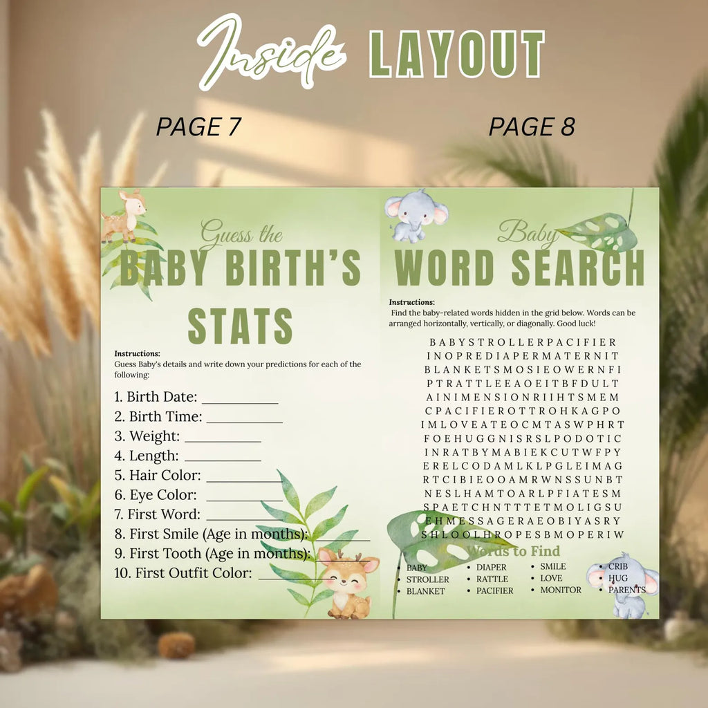 Safari Baby Shower Activity Booklet, Jungle Animals Games Bundle, Girl Boy Booklet, Wild Zoo, Oh Baby Games, Printable Party Decor Template
