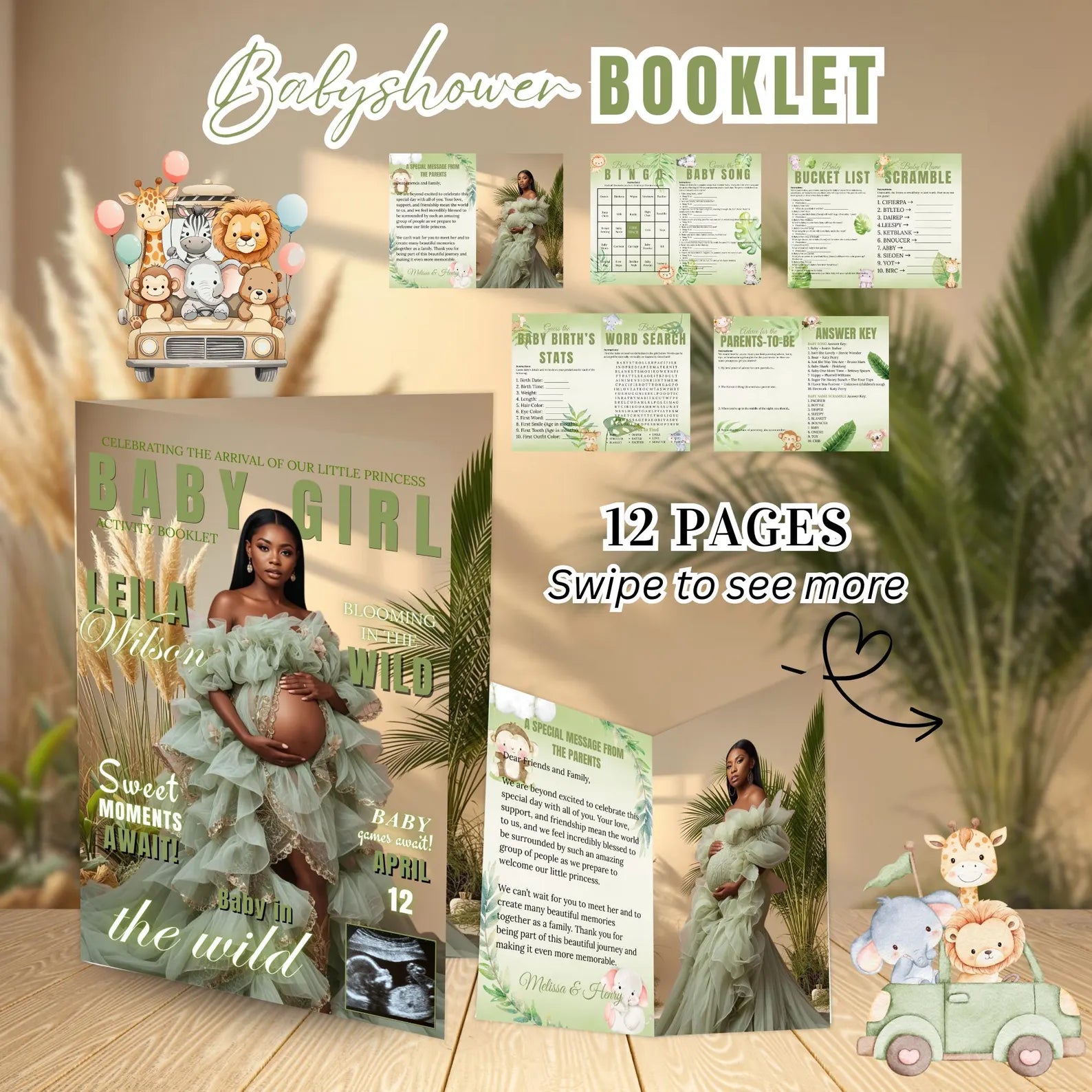 Safari Baby Shower Activity Booklet, Jungle Animals Games Bundle, Girl Boy Booklet, Wild Zoo, Oh Baby Games, Printable Party Decor Template