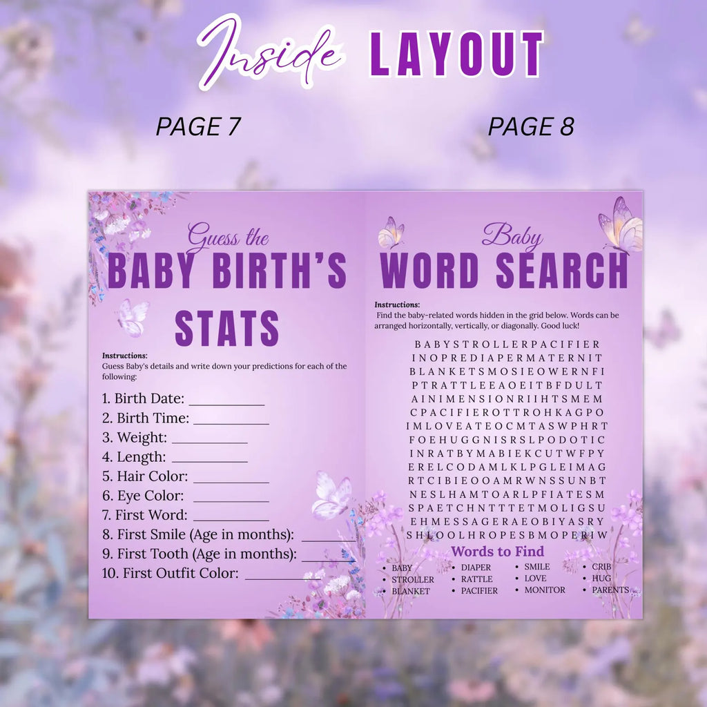 Wildflower Baby Shower Activity Booklet, Baby In Bloom Games Bundle, Purple Butterfly Themed with photo, Printable Party Decor Template