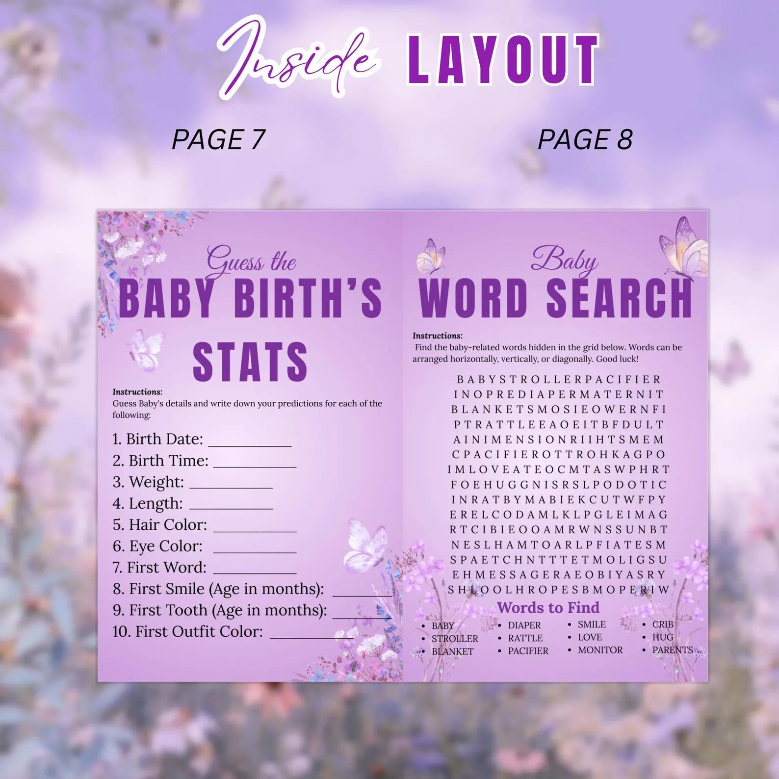 Wildflower Baby Shower Activity Booklet, Baby In Bloom Games Bundle, Purple Butterfly Themed with photo, Printable Party Decor Template