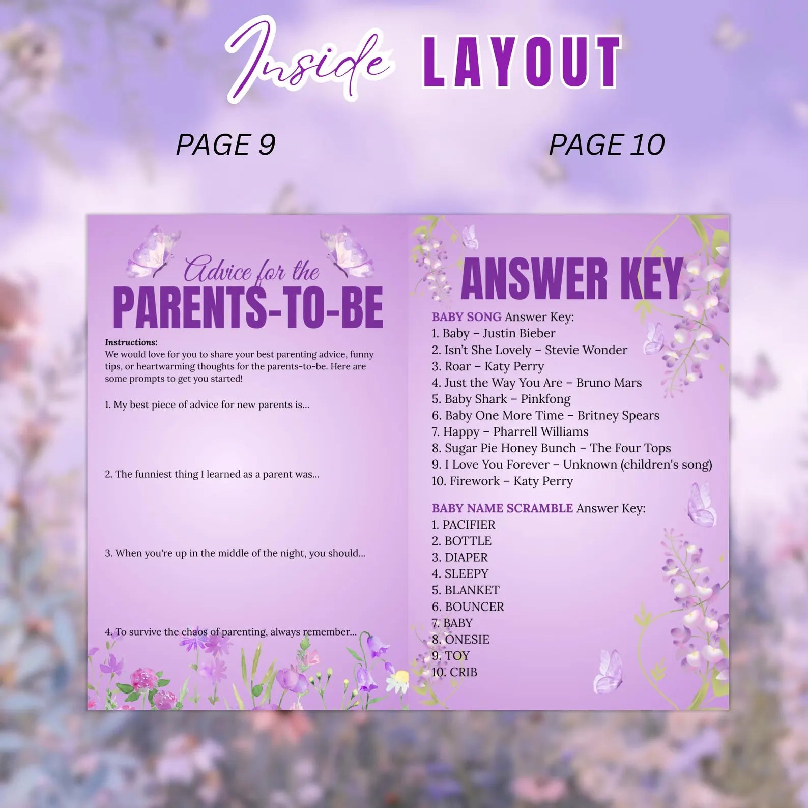 Wildflower Baby Shower Activity Booklet, Baby In Bloom Games Bundle, Purple Butterfly Themed with photo, Printable Party Decor Template