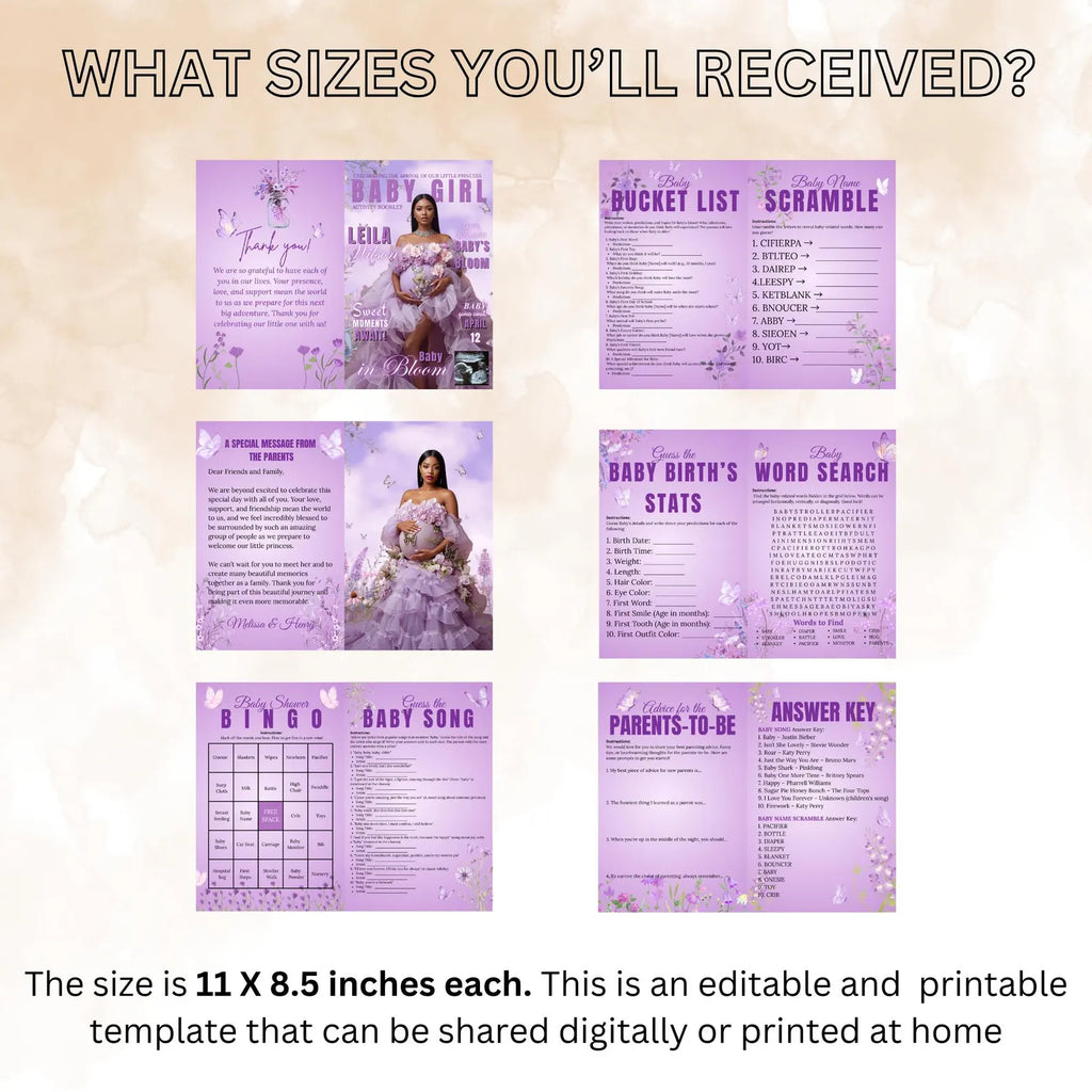 Wildflower Baby Shower Activity Booklet, Baby In Bloom Games Bundle, Purple Butterfly Themed with photo, Printable Party Decor Template