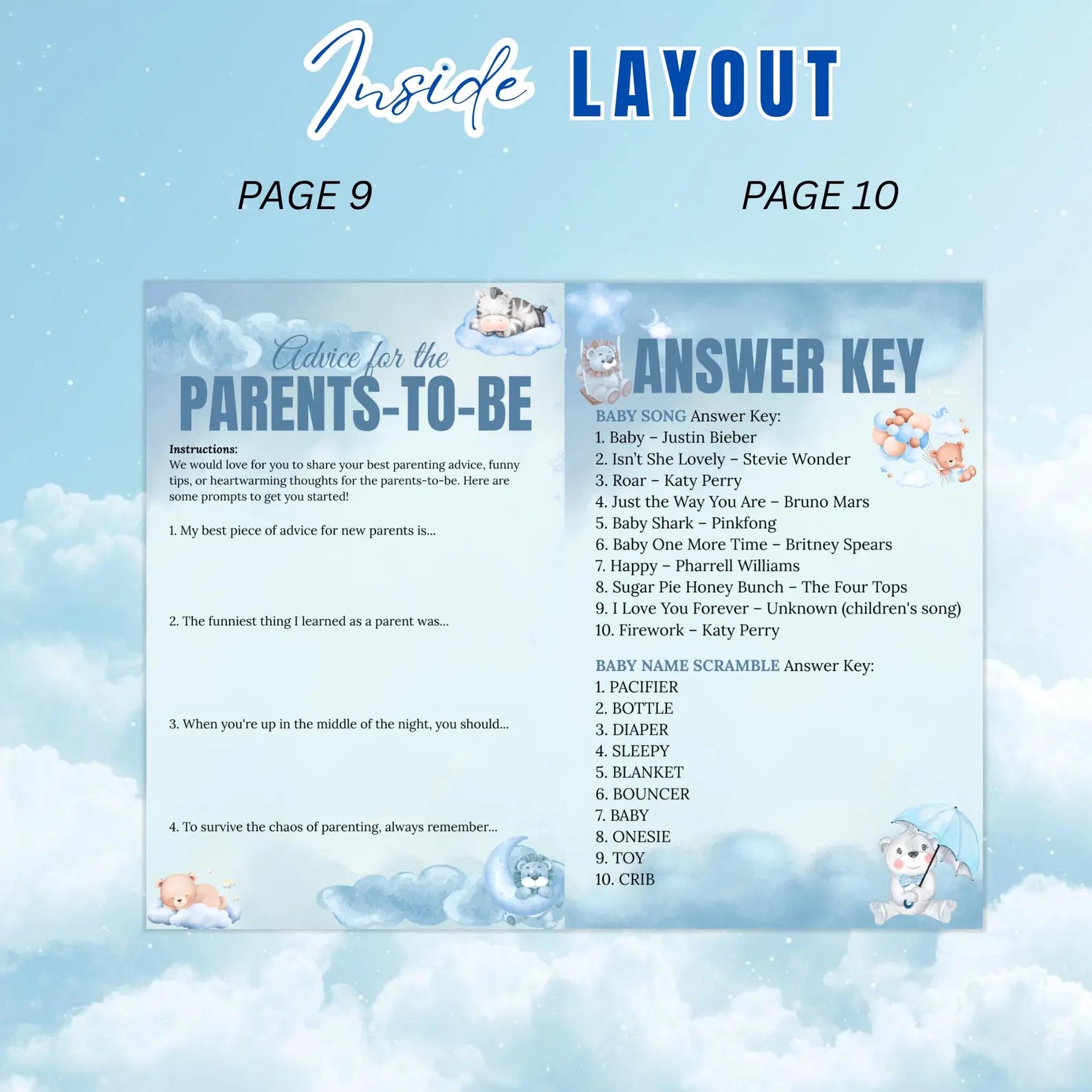 Cloud 9 Baby Shower Activity Booklet, Blue Cloud Nine Games Bundle, Boy Booklet with photo, Oh Baby Games Printable Party Decor Template