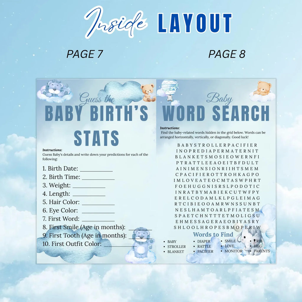 Cloud 9 Baby Shower Activity Booklet, Blue Cloud Nine Games Bundle, Boy Booklet with photo, Oh Baby Games Printable Party Decor Template