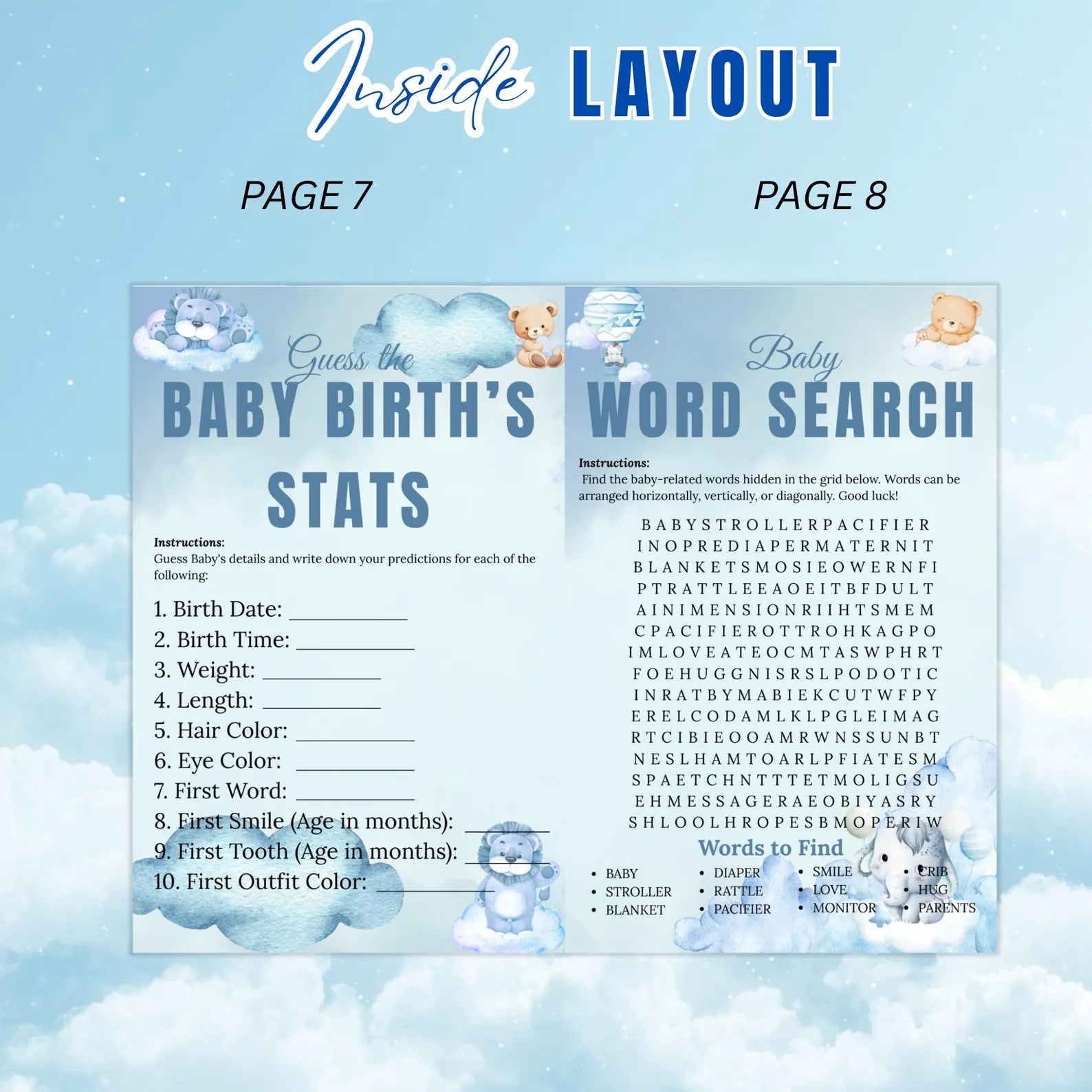 Cloud 9 Baby Shower Activity Booklet, Blue Cloud Nine Games Bundle, Boy Booklet with photo, Oh Baby Games Printable Party Decor Template