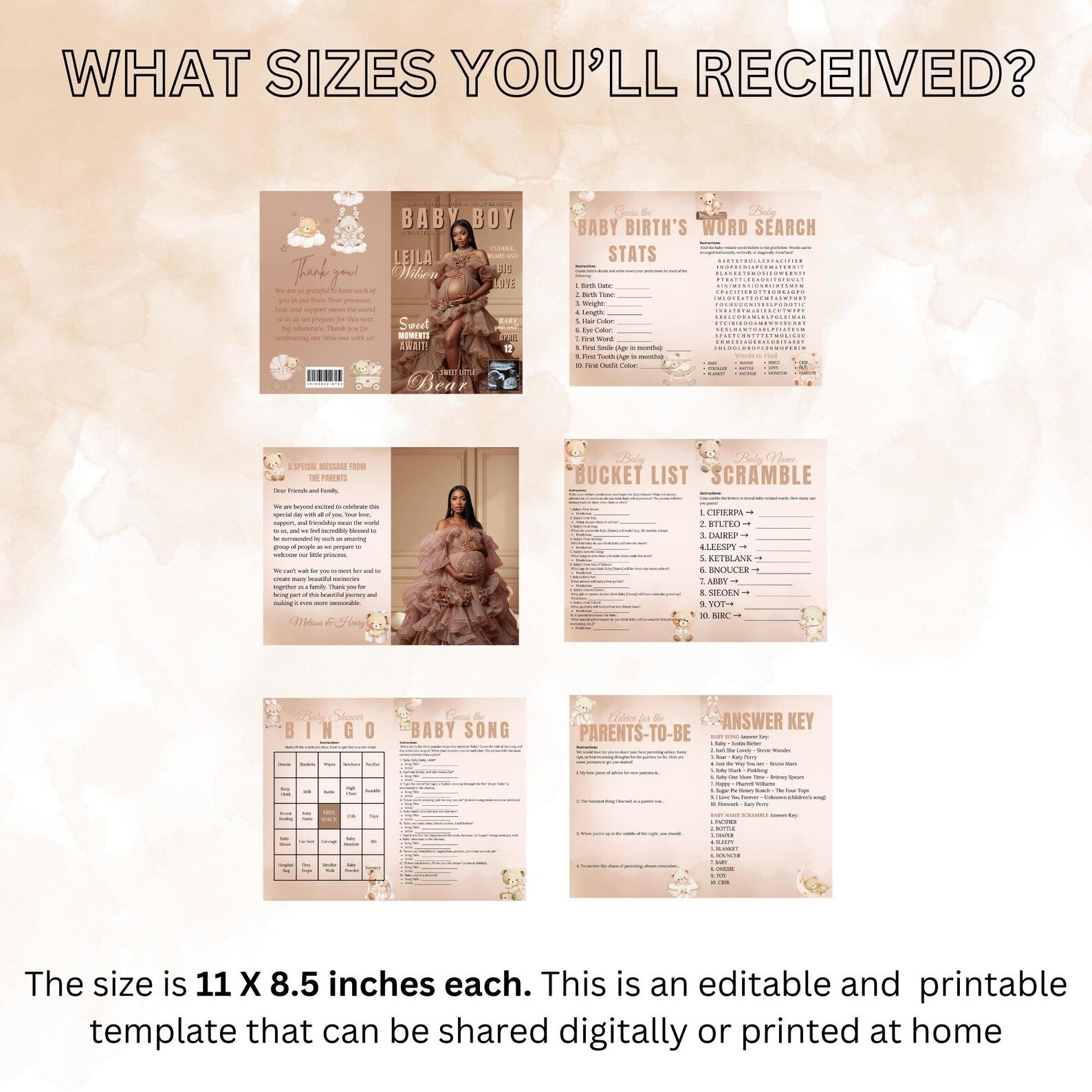 Brown Bear Baby Shower Activity Booklet, Oh Baby Games Bundle, Girl Boy Booklet, Magazine Style with photo, Printable Party Decor Template