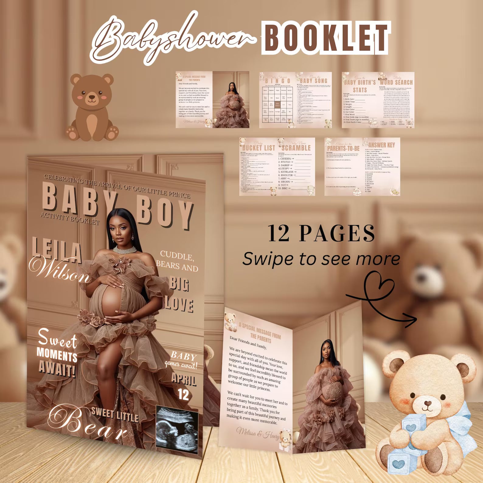 Brown Bear Baby Shower Activity Booklet, Oh Baby Games Bundle, Girl Boy Booklet, Magazine Style with photo, Printable Party Decor Template