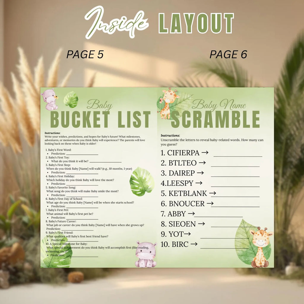 Safari Baby Shower Activity Booklet, Jungle Animals Games Bundle, Girl Boy Booklet, Wild Zoo, Oh Baby Games, Printable Party Decor Template