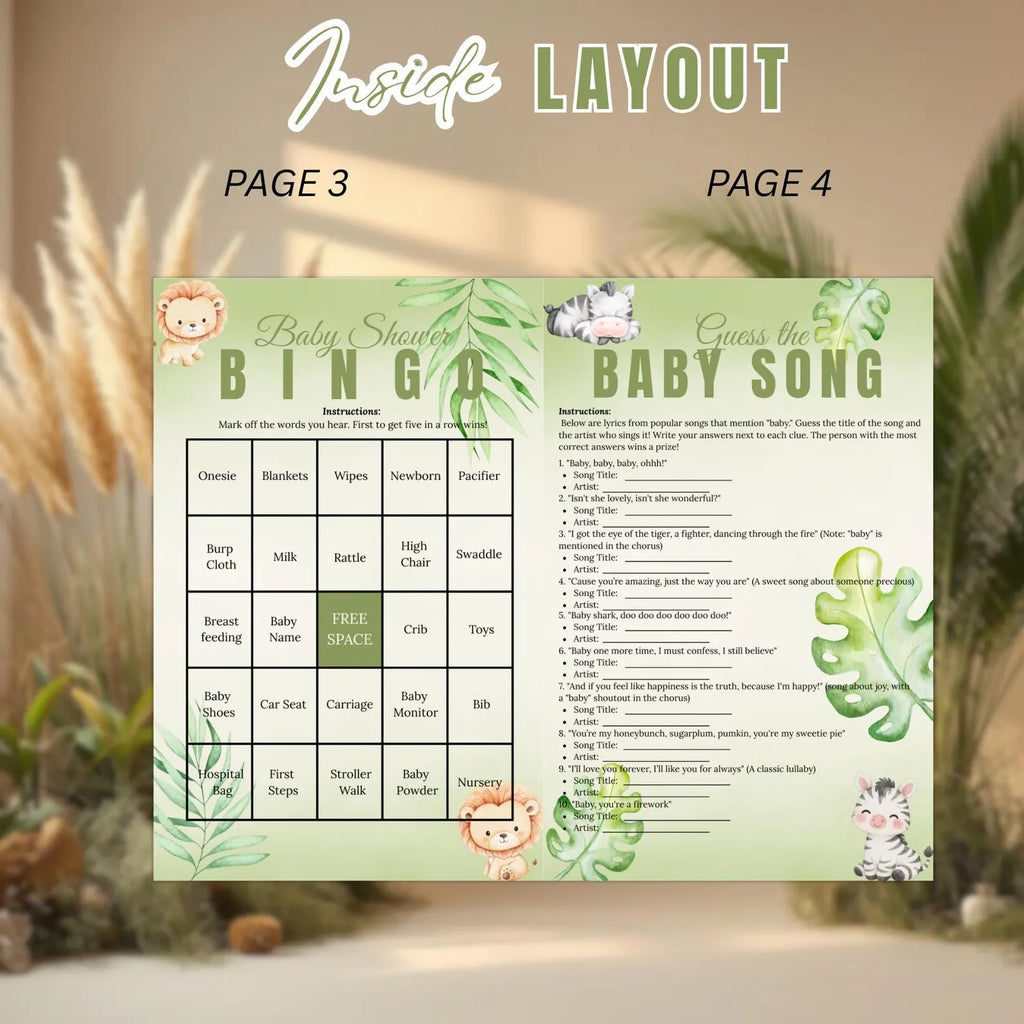Safari Baby Shower Activity Booklet, Jungle Animals Games Bundle, Girl Boy Booklet, Wild Zoo, Oh Baby Games, Printable Party Decor Template