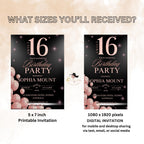 Digital Sweet 16 Birthday Invite, Teen girl Black and Pink Sixteen Birthday Party Card Invitation, Editable 16th Template, Instant Download