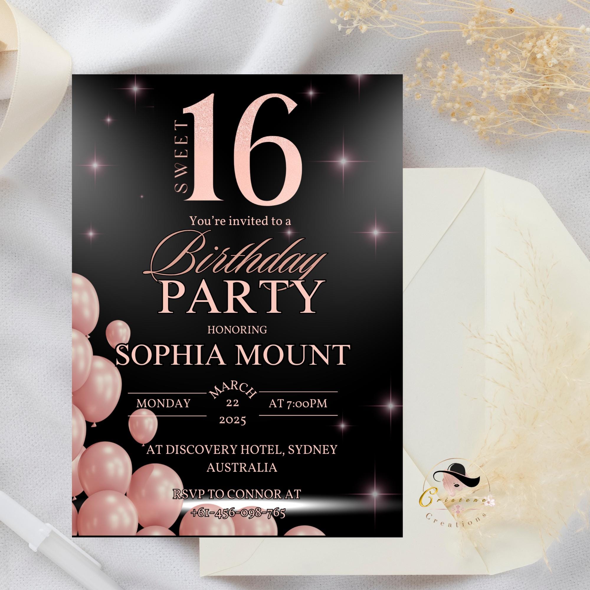 Digital Sweet 16 Birthday Invite, Teen girl Black and Pink Sixteen Birthday Party Card Invitation, Editable 16th Template, Instant Download