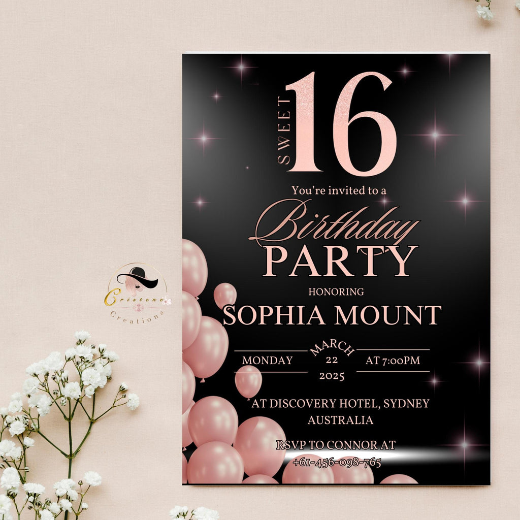 Digital Sweet 16 Birthday Invite, Teen girl Black and Pink Sixteen Birthday Party Card Invitation, Editable 16th Template, Instant Download