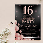 Digital Sweet 16 Birthday Invite, Teen girl Black and Pink Sixteen Birthday Party Card Invitation, Editable 16th Template, Instant Download