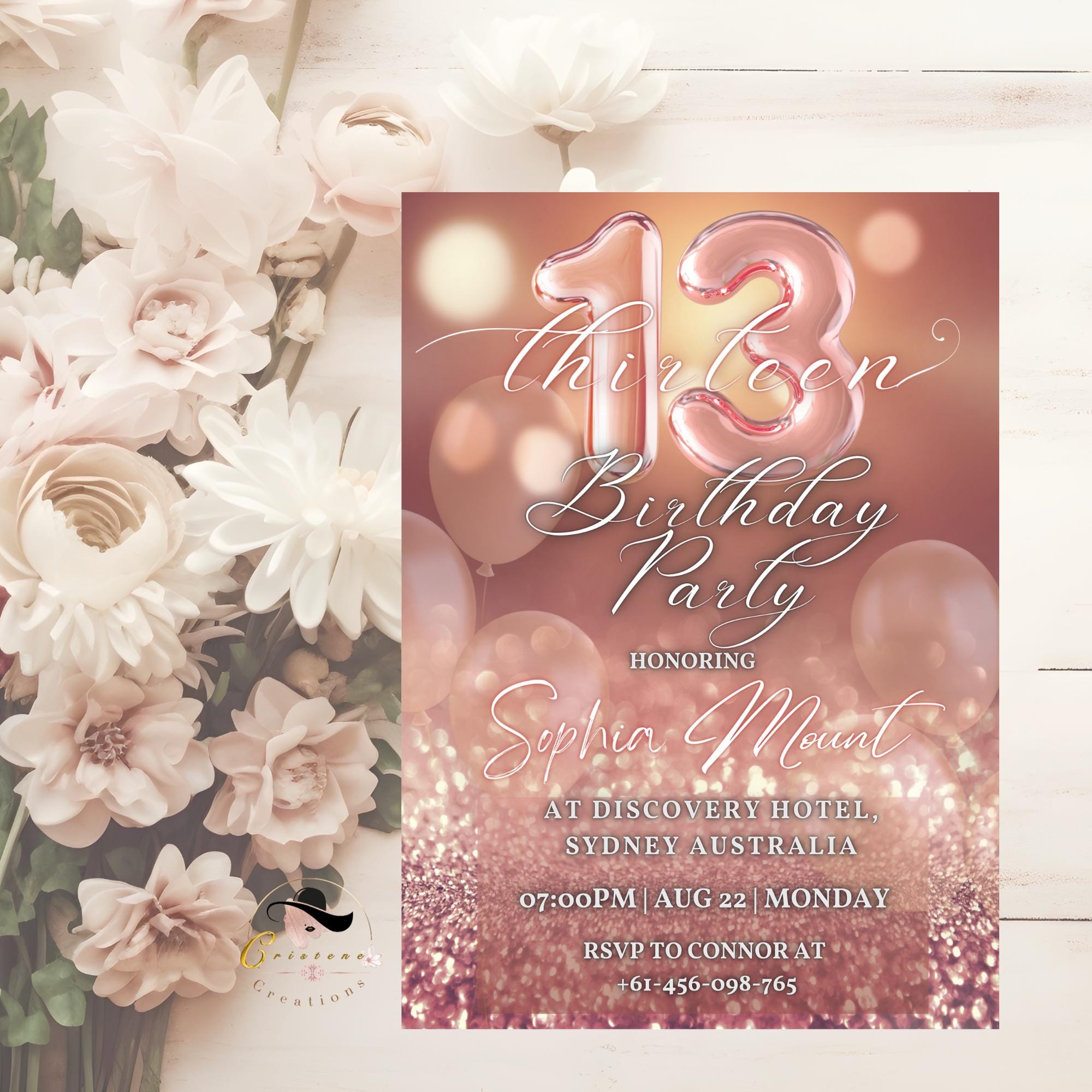 EDITABLE 13TH BIRTHDAY INVITATION, Rose Gold and Pink Digital Teen Girl Era Invite, Printable Thirteen Birthday Party Card, Instant Download