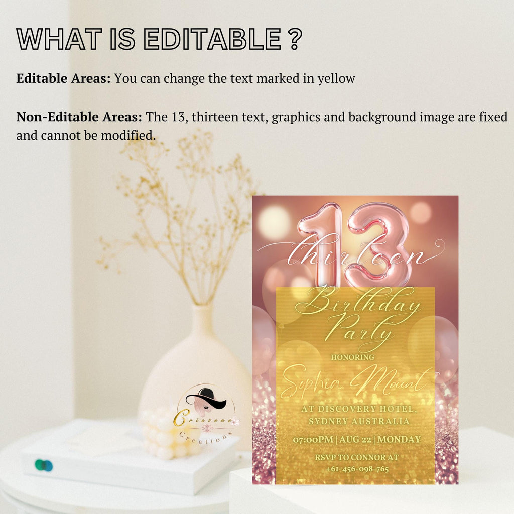 EDITABLE 13TH BIRTHDAY INVITATION, Rose Gold and Pink Digital Teen Girl Era Invite, Printable Thirteen Birthday Party Card, Instant Download