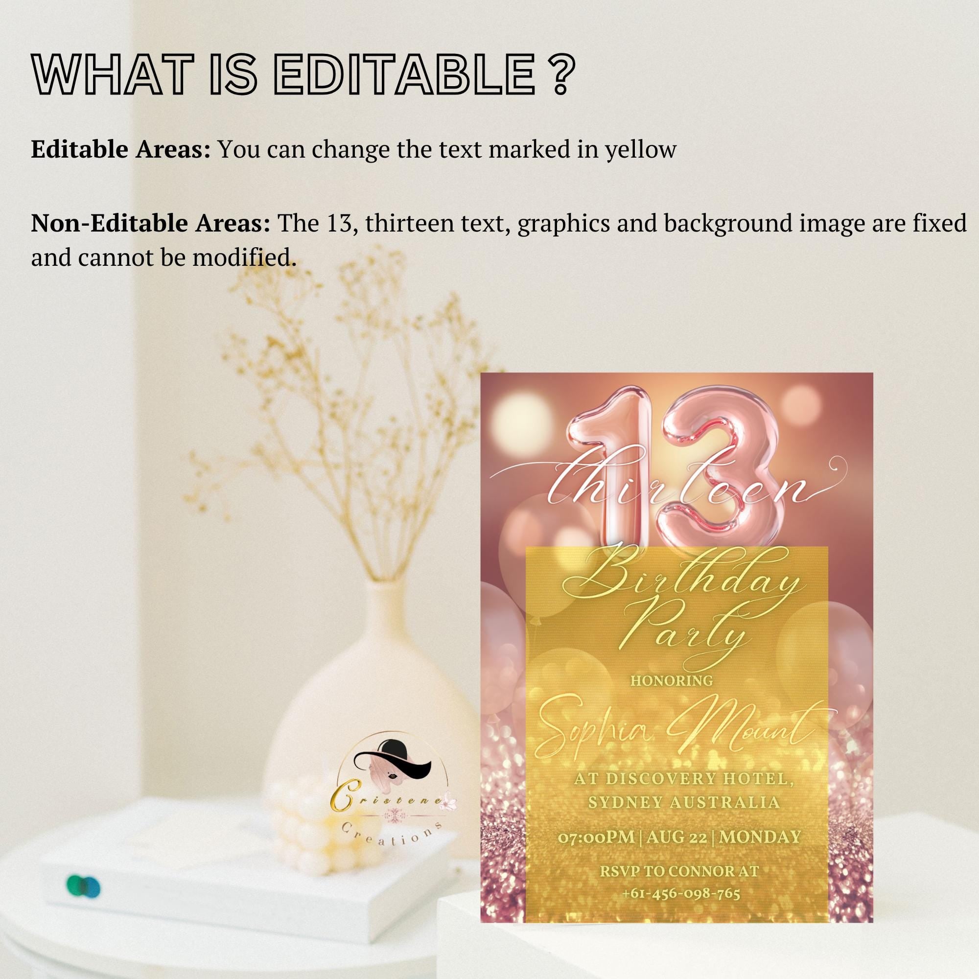 EDITABLE 13TH BIRTHDAY INVITATION, Rose Gold and Pink Digital Teen Girl Era Invite, Printable Thirteen Birthday Party Card, Instant Download