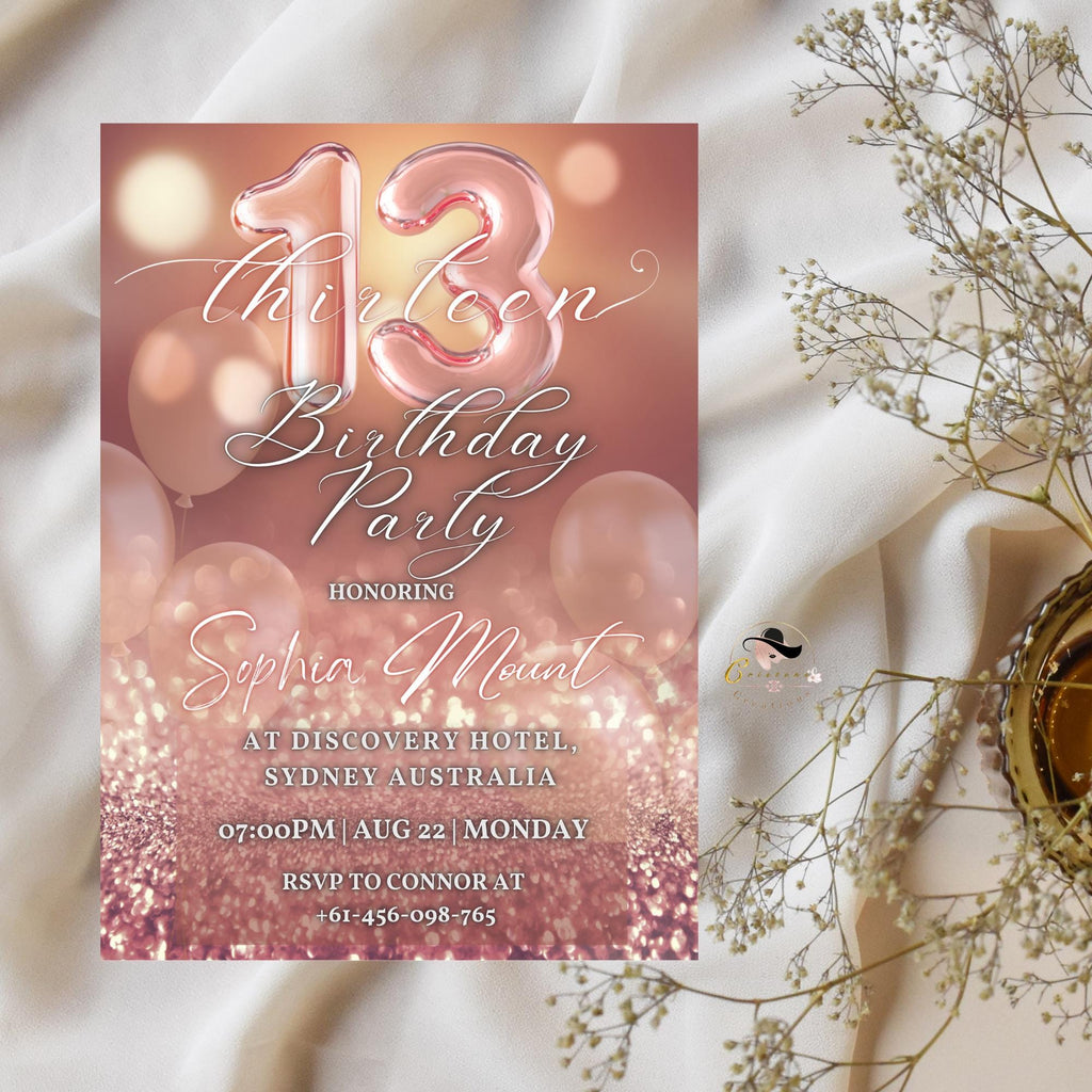 EDITABLE 13TH BIRTHDAY INVITATION, Rose Gold and Pink Digital Teen Girl Era Invite, Printable Thirteen Birthday Party Card, Instant Download