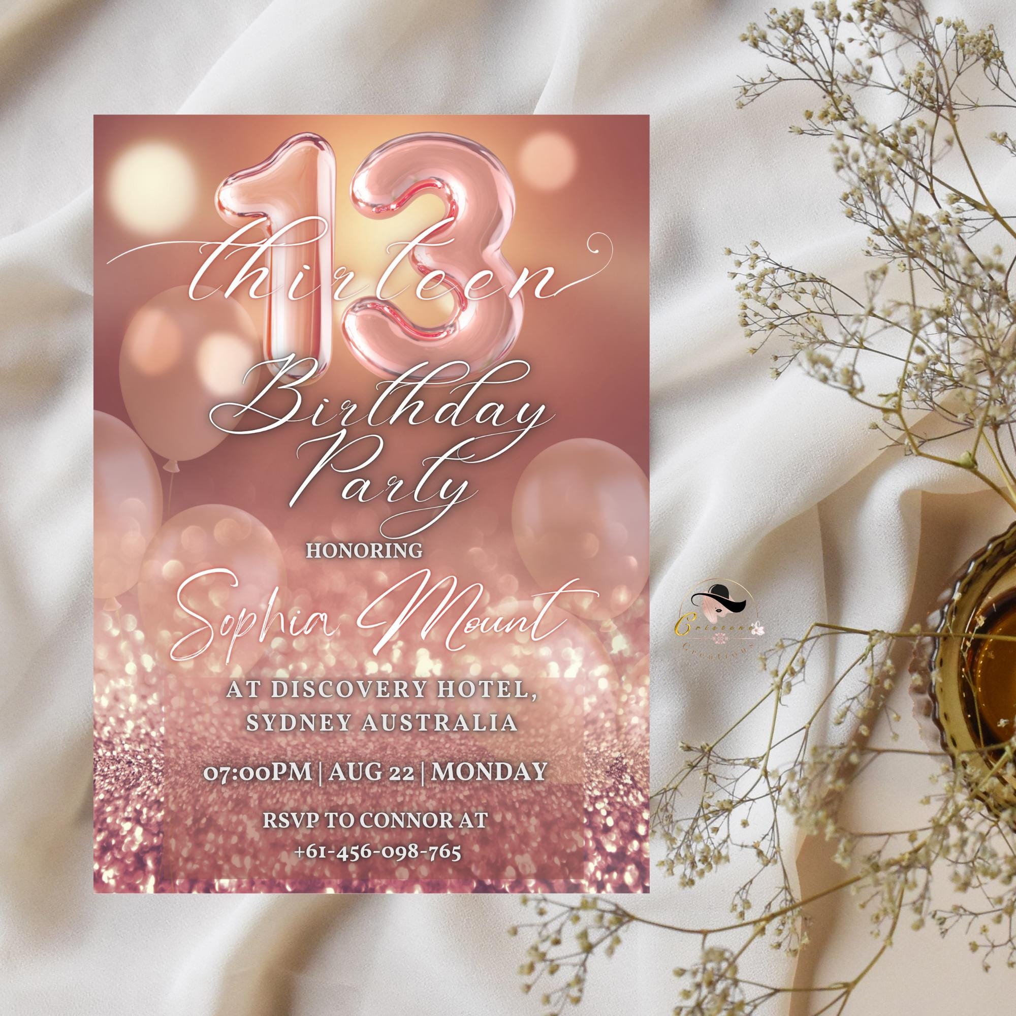 EDITABLE 13TH BIRTHDAY INVITATION, Rose Gold and Pink Digital Teen Girl Era Invite, Printable Thirteen Birthday Party Card, Instant Download