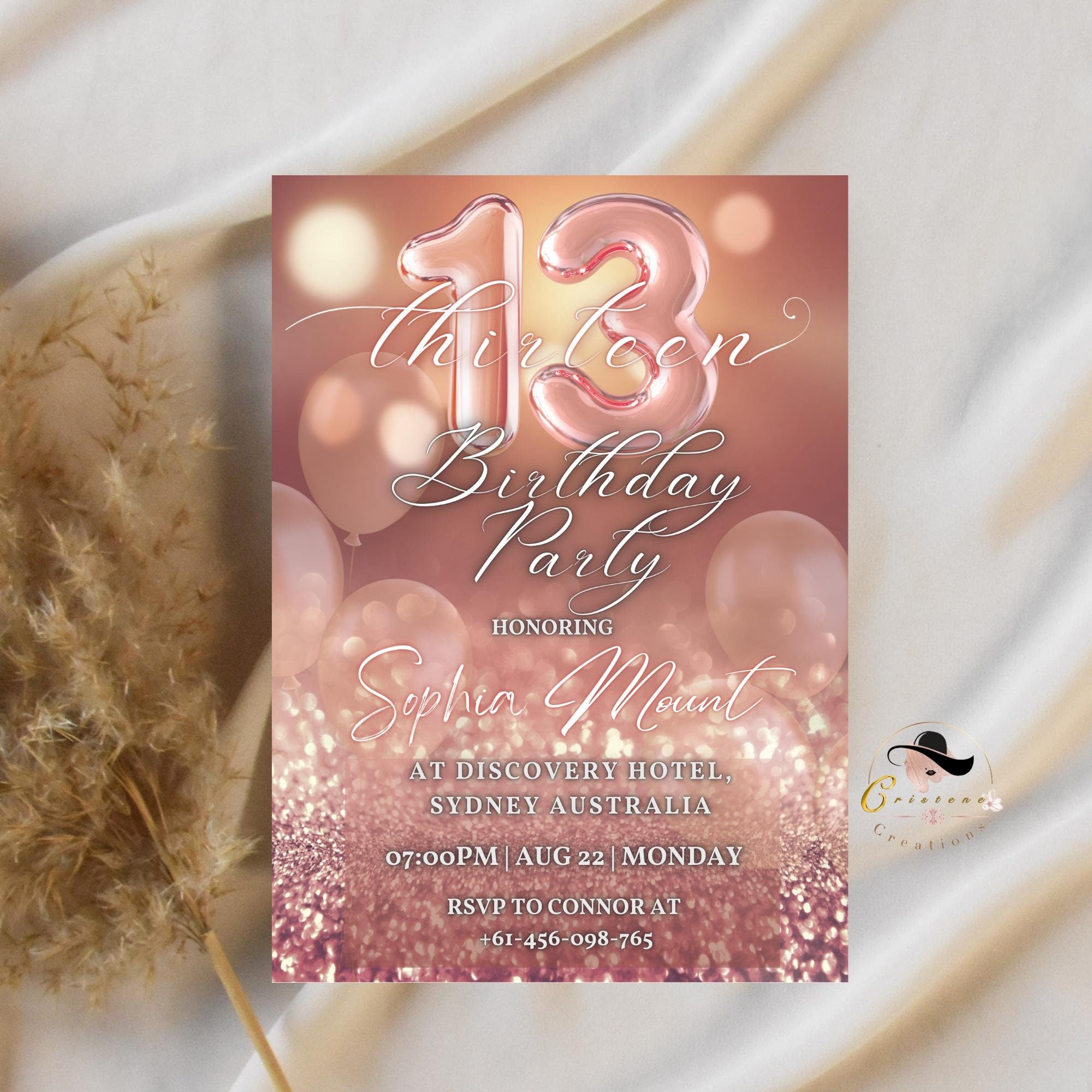 EDITABLE 13TH BIRTHDAY INVITATION, Rose Gold and Pink Digital Teen Girl Era Invite, Printable Thirteen Birthday Party Card, Instant Download