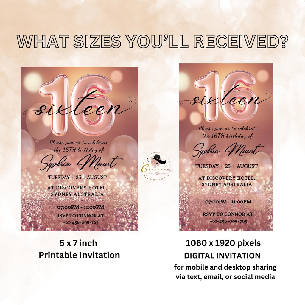 Rose gold 16th Birthday Invitation, Digital Sweet 16 birthday party invitation template for sixteen year old girl Pink Printable card Invite