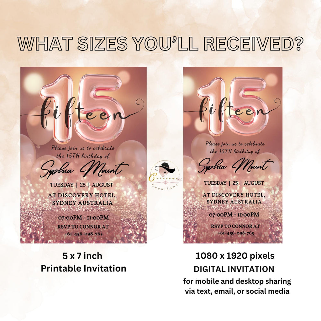 Rose Gold 15th Birthday Invitation, Quinceanera Party Invite, Sweet Fifteenth Dinner Invite, Teen Girl Birthday Brunch Printable Template