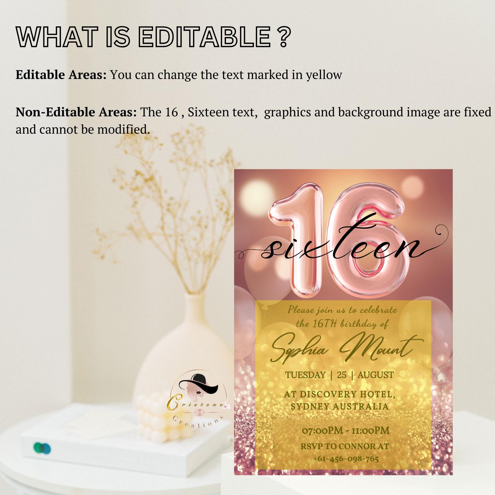 Rose gold 16th Birthday Invitation, Digital Sweet 16 birthday party invitation template for sixteen year old girl Pink Printable card Invite