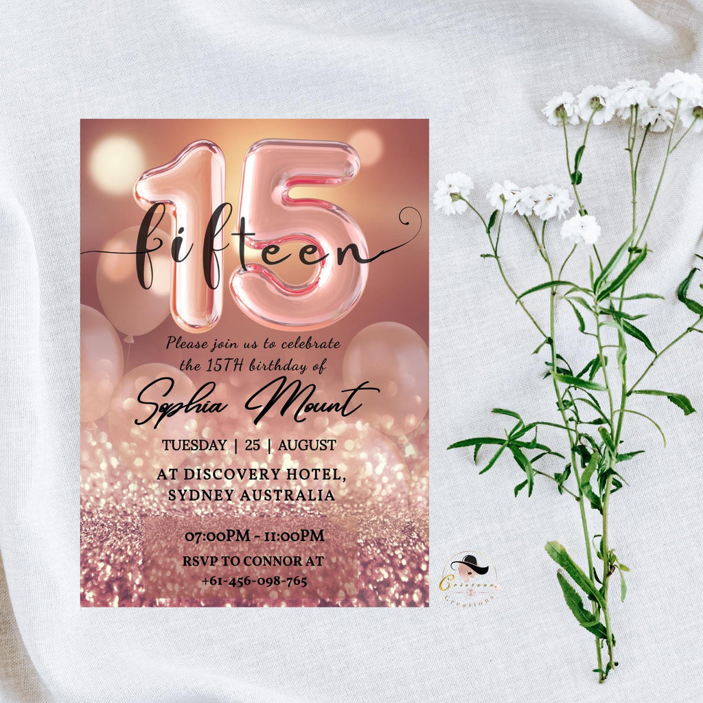 Rose Gold 15th Birthday Invitation, Quinceanera Party Invite, Sweet Fifteenth Dinner Invite, Teen Girl Birthday Brunch Printable Template