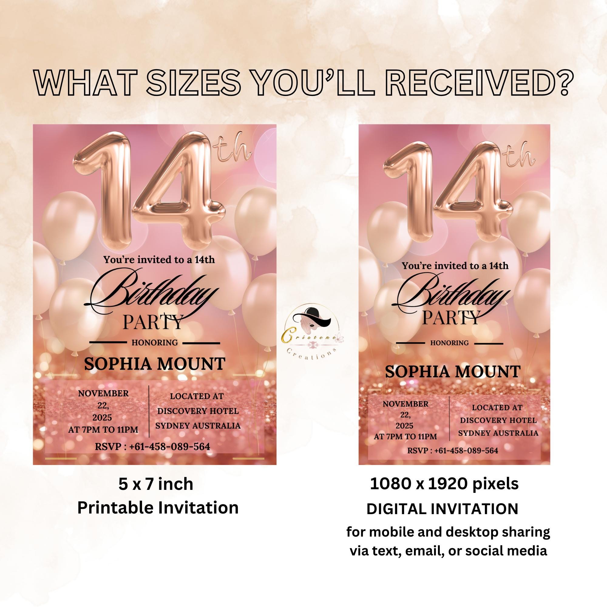Rose gold 14th Birthday Invitation Card, Printable and Digital Fourteen Birthday Dinner Party, Editable Pink Template for Teenager Girl