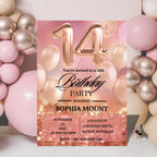 Rose gold 14th Birthday Invitation Card, Printable and Digital Fourteen Birthday Dinner Party, Editable Pink Template for Teenager Girl