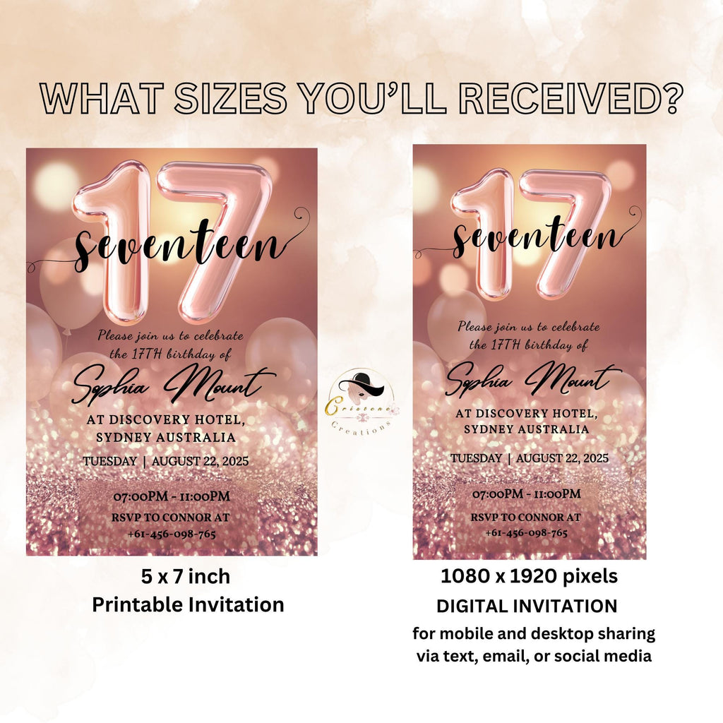 17th Birthday Invitation Card, Seventeen Girl Party Invite, Digital Rose Gold Template, Printable Pink 17th Card for Granddaughter and Niece
