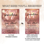 17th Birthday Invitation Card, Seventeen Girl Party Invite, Digital Rose Gold Template, Printable Pink 17th Card for Granddaughter and Niece