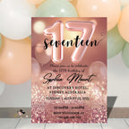 17th Birthday Invitation Card, Seventeen Girl Party Invite, Digital Rose Gold Template, Printable Pink 17th Card for Granddaughter and Niece