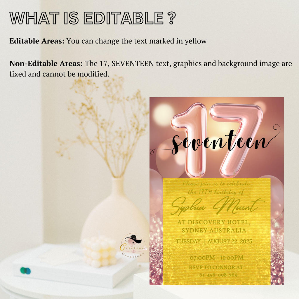 17th Birthday Invitation Card, Seventeen Girl Party Invite, Digital Rose Gold Template, Printable Pink 17th Card for Granddaughter and Niece