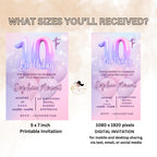 Digital 10th Birthday Invitation Pink Purple 10th Birthday Dinner invite, Tenth Birthday party card Printable Double Digit Editable Template