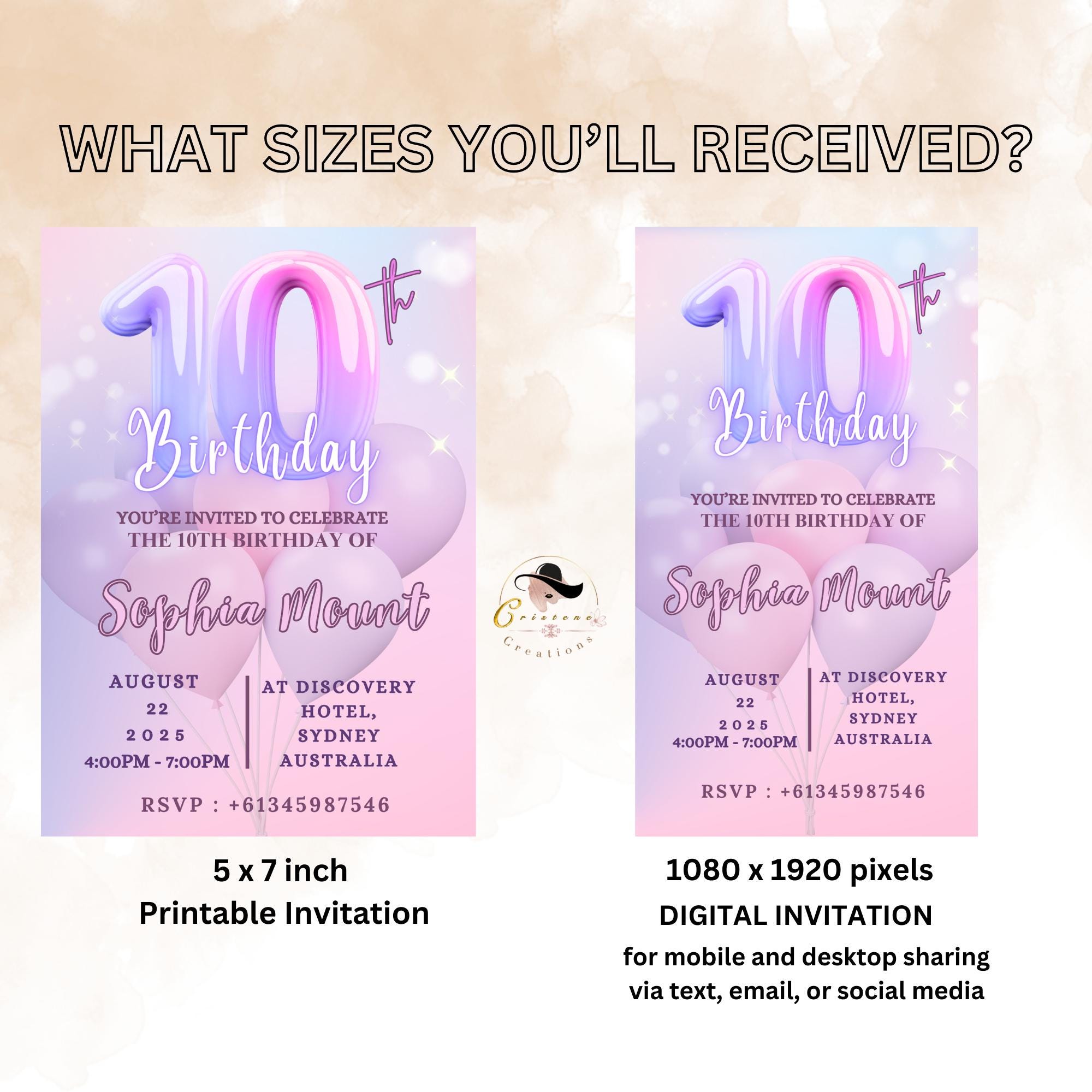 Digital 10th Birthday Invitation Pink Purple 10th Birthday Dinner invite, Tenth Birthday party card Printable Double Digit Editable Template